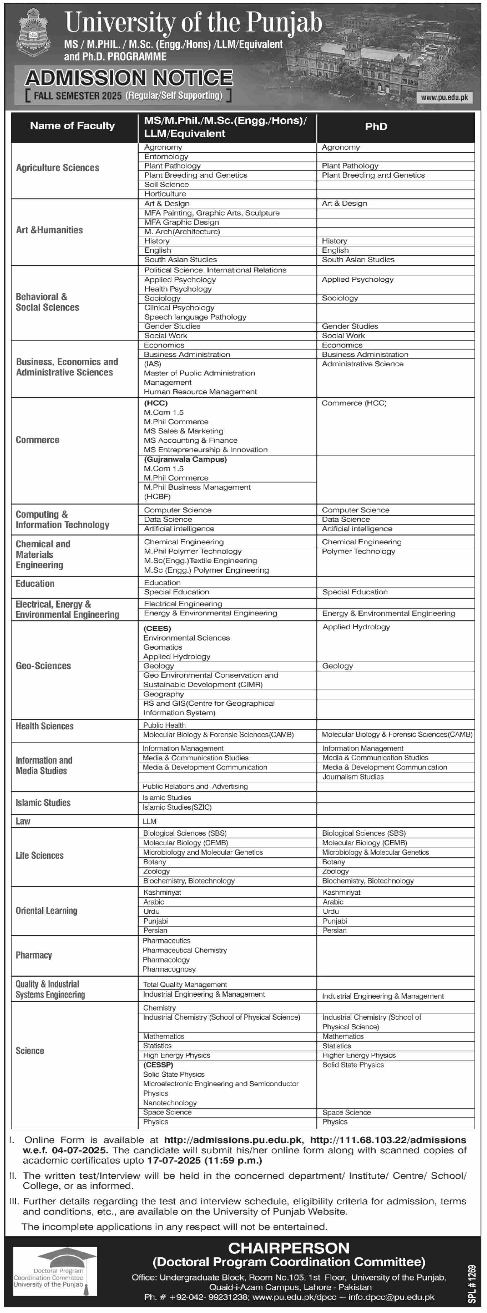 Admission Open in University of the Punjab Lahore-1
